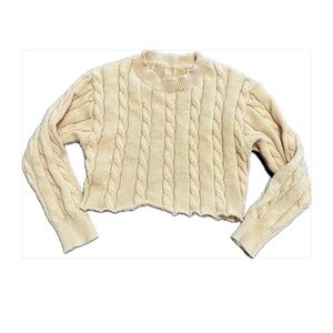 Cropped Cable Knit Sweater Beige Tan Yellow Long Sleeve Cozy Top